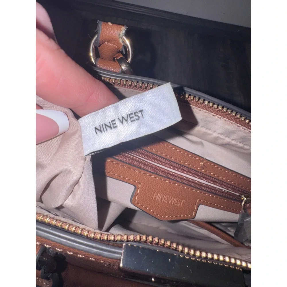 Nine West Cognac Brown Faux Leather Suede Trim Satchel Crossbody Handbag